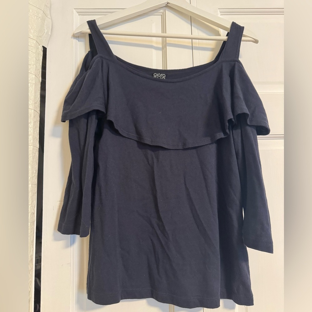 Clara Sunwoo Cold Shoulder 3/4 Sleeve Navy Blue Size Small Made in USA Top